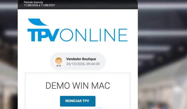 Tarjeta DEMO WIN MAC en la pantalla de selección; muestra REINICIAR TPV porque ya hay una sesión abierta