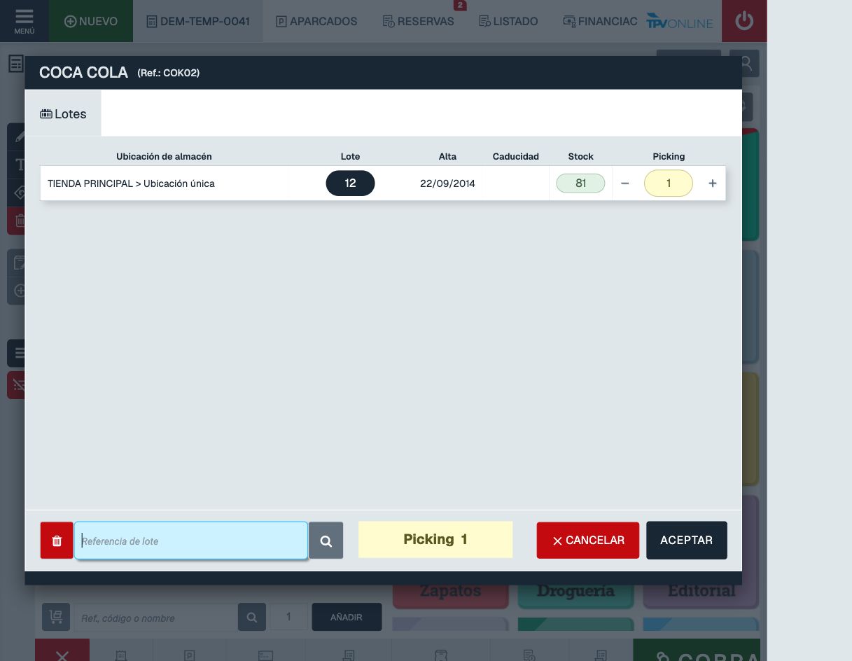 Cuadro Lotes con el lote 12, Picking 1, botón más y ACEPTAR
