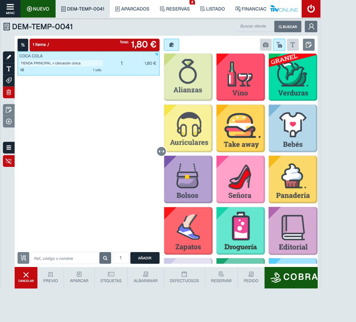 Ticket temporal con COCA COLA, lote 12, una unidad y total de 1,80 euros
