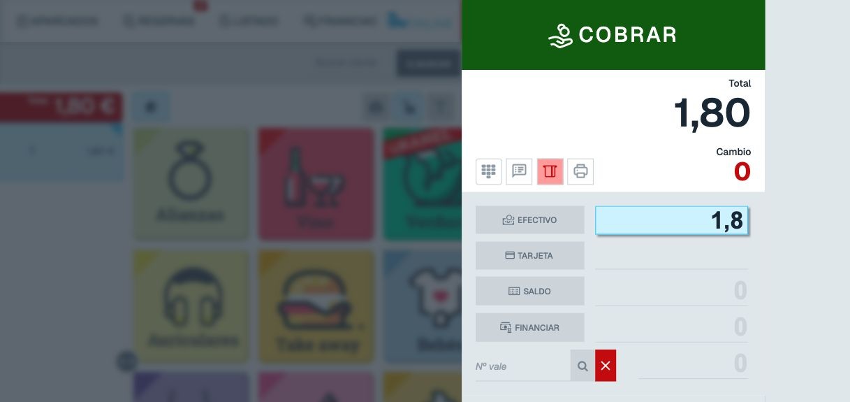 Panel de cobro con Efectivo seleccionado, importe 1,80 euros, total 1,80 y cambio cero
