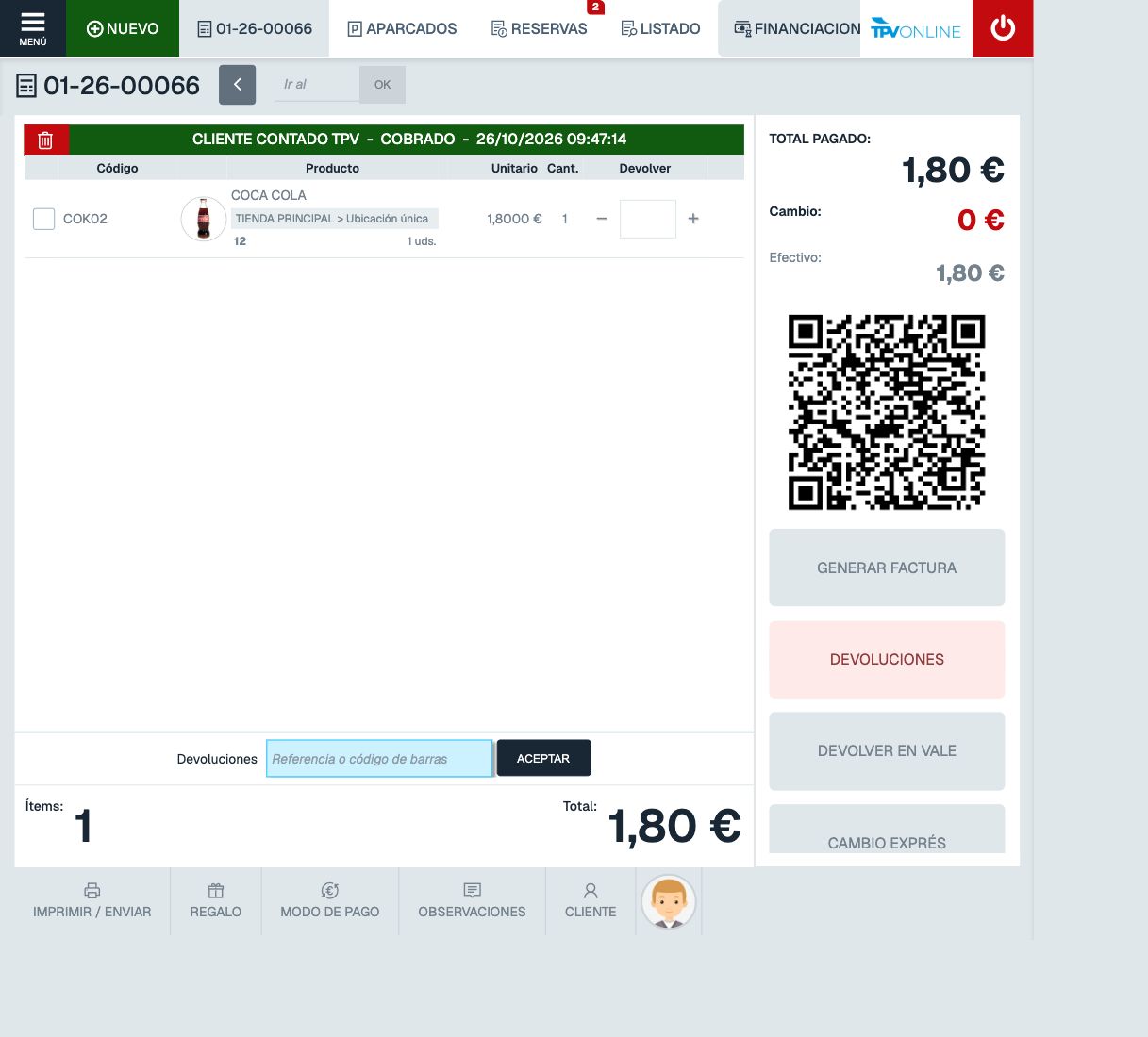 Ticket 01-26-00066 COBRADO por 1,80 euros en efectivo con código QR completo