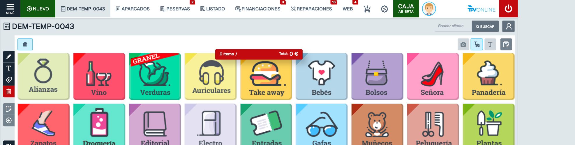 Vista real del TPV con CAJA ABIERTA en verde y APARCADOS en la barra superior