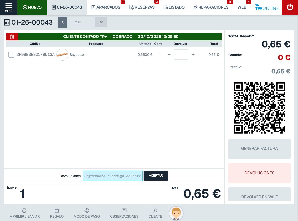 Vista completa del TPV con el ticket 01-26-00043 cobrado: Baguette, total 0,65 euros y acción IMPRIMIR / ENVIAR
