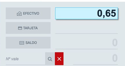 Forma de pago Efectivo seleccionada con 0,65 euros
