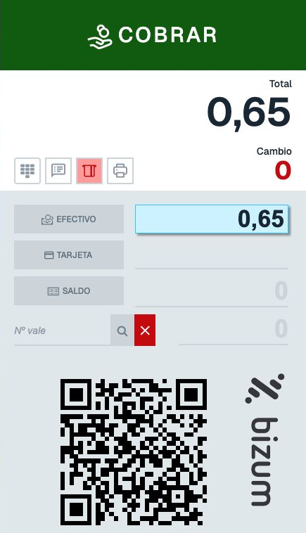 Panel de pago con COBRAR, total 0,65 euros, Efectivo 0,65 euros y código QR completo