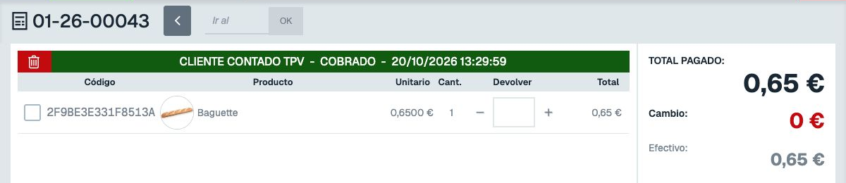 Ticket 01-26-00043 con estado COBRADO, producto Baguette, total y pago en efectivo de 0,65 euros
