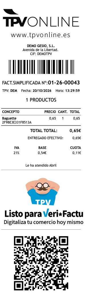 Comprobante completo de la venta 01-26-00043: Baguette, total 0,65 euros, pago en efectivo, código de barras y QR completos