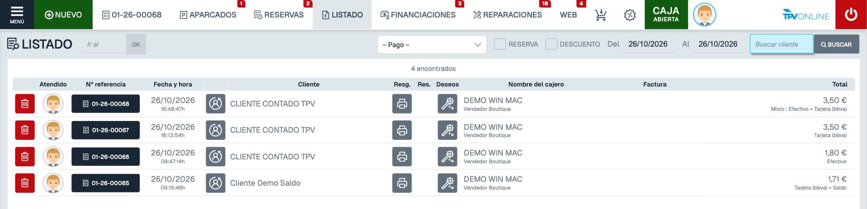 Barra superior del TPV con LISTADO y tabla de tickets cobrados