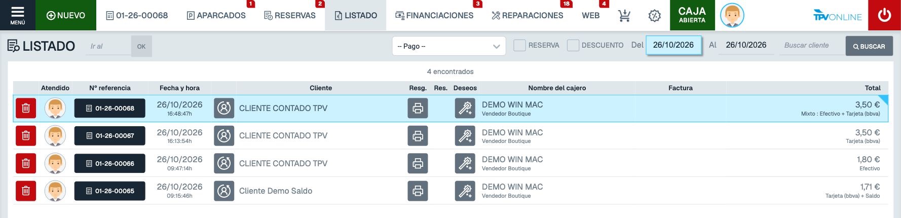 Primera fila del listado con el ticket 01-26-00068 y su importe de 3,50 euros