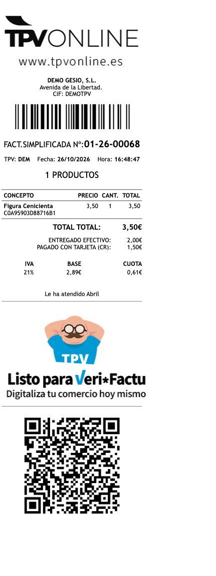 Ticket imprimible 01-26-00068 de GESIO DEMO con Figura Cenicienta, total de 3,50 euros y código QR completo