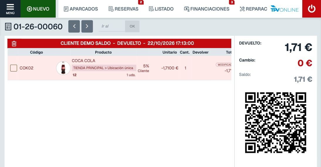 Ticket 01-26-00060 marcado como DEVUELTO con 1,71 euros en Saldo y el QR completo