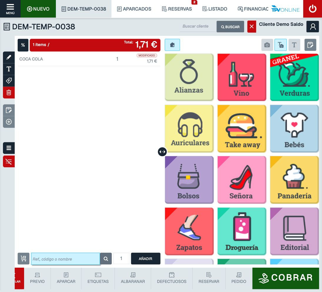 Vista general del ticket temporal con el botón verde COBRAR completo abajo a la derecha
