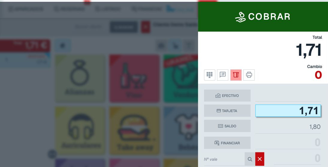 Panel COBRAR con los medios Efectivo, Tarjeta y Saldo; el botón SALDO está señalado