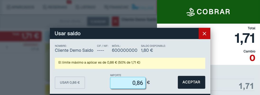 Cuadro Usar saldo para Cliente Demo Saldo, con 1,80 euros disponibles, límite de 0,86 euros, importe 0,86 y botón ACEPTAR