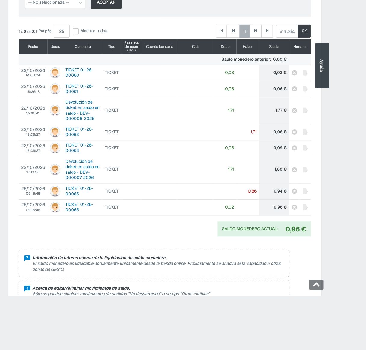 Movimientos de saldo del cliente ficticio: ticket 01-26-00065, cargo de 0,86 euros, abono de 0,02 euros y saldo monedero actual de 0,96 euros