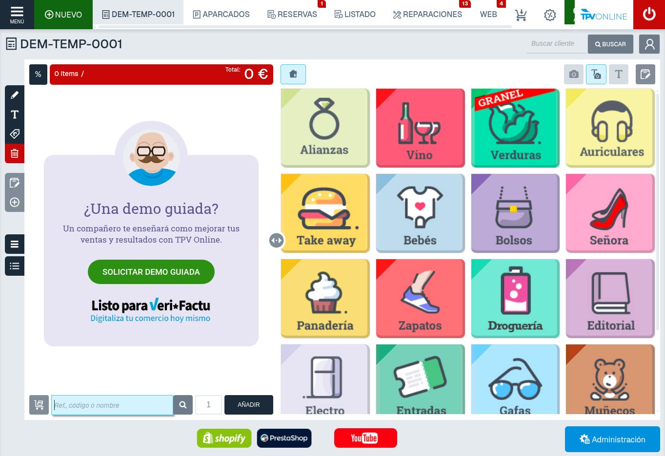 Pantalla inicial del TPV con el icono de porcentaje junto al ticket