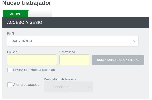 Perfil Trabajador y campos Usuario y Contraseña vacíos