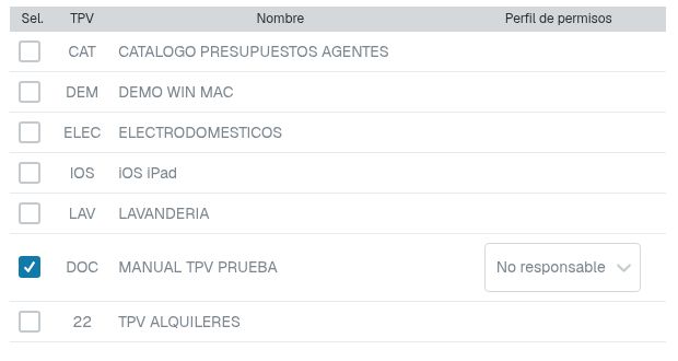 Ficha del trabajador con un TPV marcado y el selector de perfil No responsable