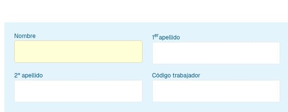 Campos Nombre, apellidos y Código trabajador vacíos